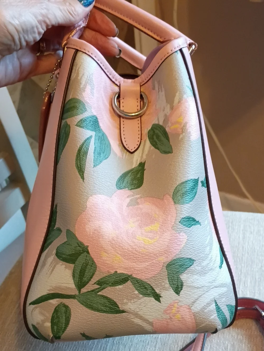 Coach Margo Pink Rose Print Carryall leather Satchel